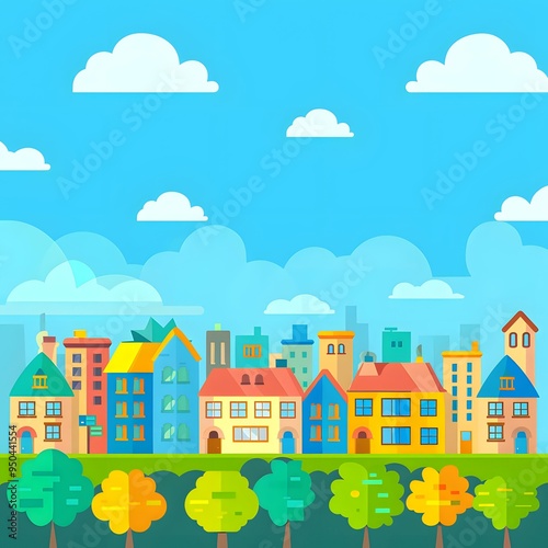 Cartoon Cityscape Illustration With Colorful Buildings And Blue Sky
