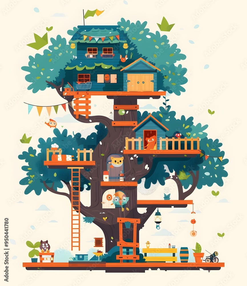 Cute Tree House Illustration With Animals Cute Tree House Illustration With Animals