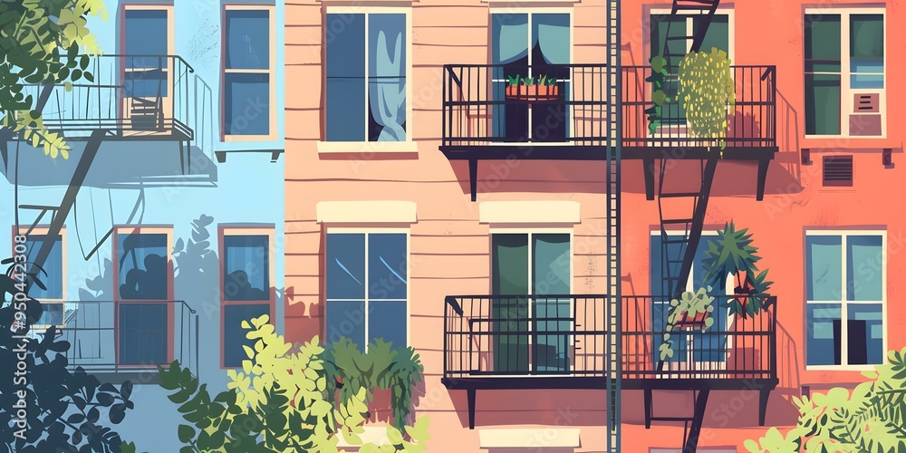 Fototapeta premium Colorful Building Facade with Balconies and Plants