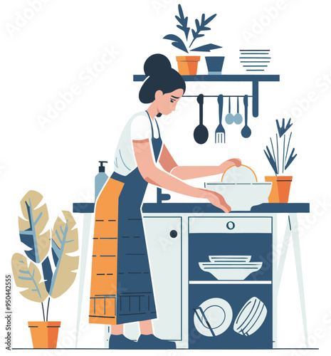 Woman washing dishes at home. Everyday activities concept