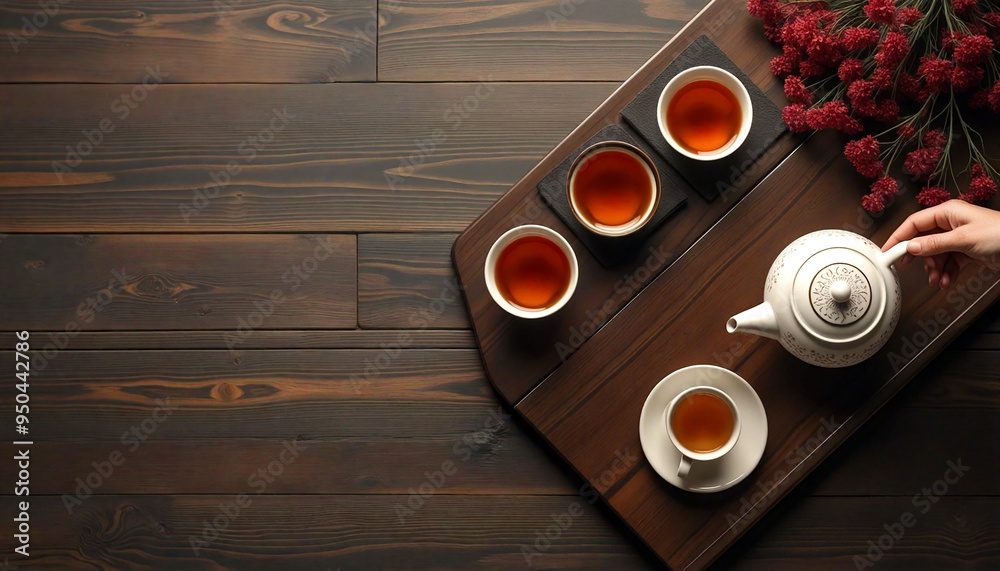 Woman serving traditional chinese tea ceremony on wooden table Woman serving traditional chinese tea ceremony on wooden table