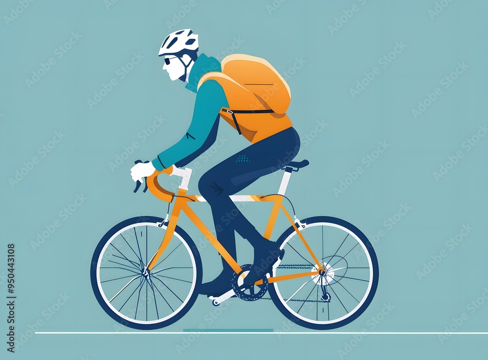 Obraz premium Man Riding Bicycle with Helmet and Backpack