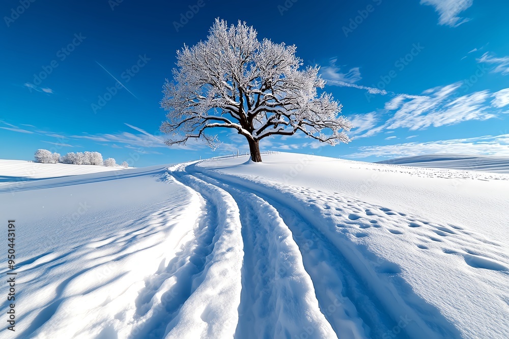 Fototapeta premium Beauty of Winter in the simplicity of a snow-covered field, captured in a photo where the snow stretches out in every direction, creating a sense of peace and stillness