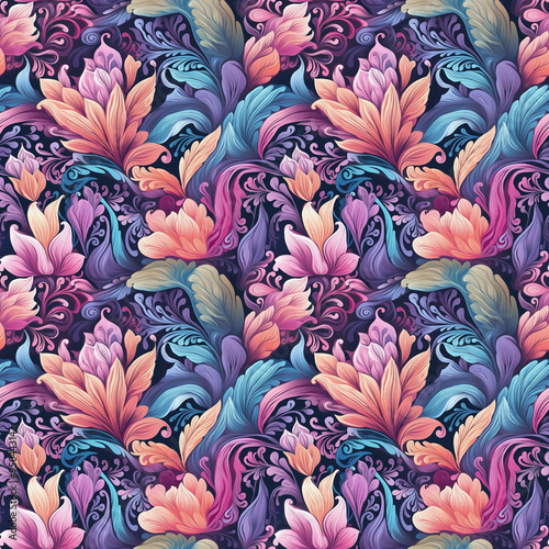 Intricate pink and violet floral pattern with fantasy leaves and flowers on purple background seamless pattern tile