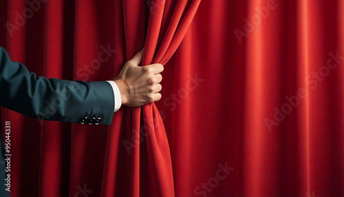 Businessman opening red stage curtain with hand gesture