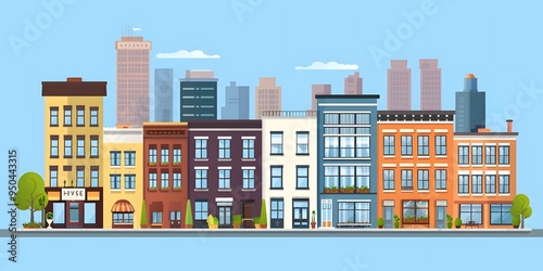 Cityscape Illustration with Buildings and Shops