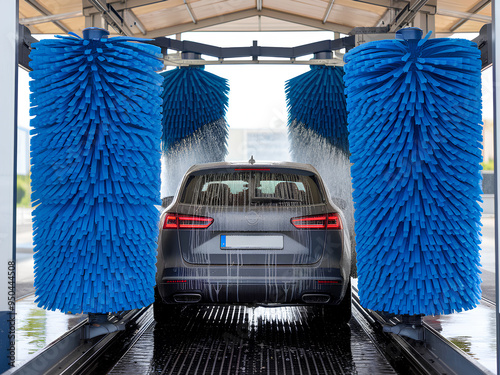 A car getting cleaned inside a fully touchless automatic car wash