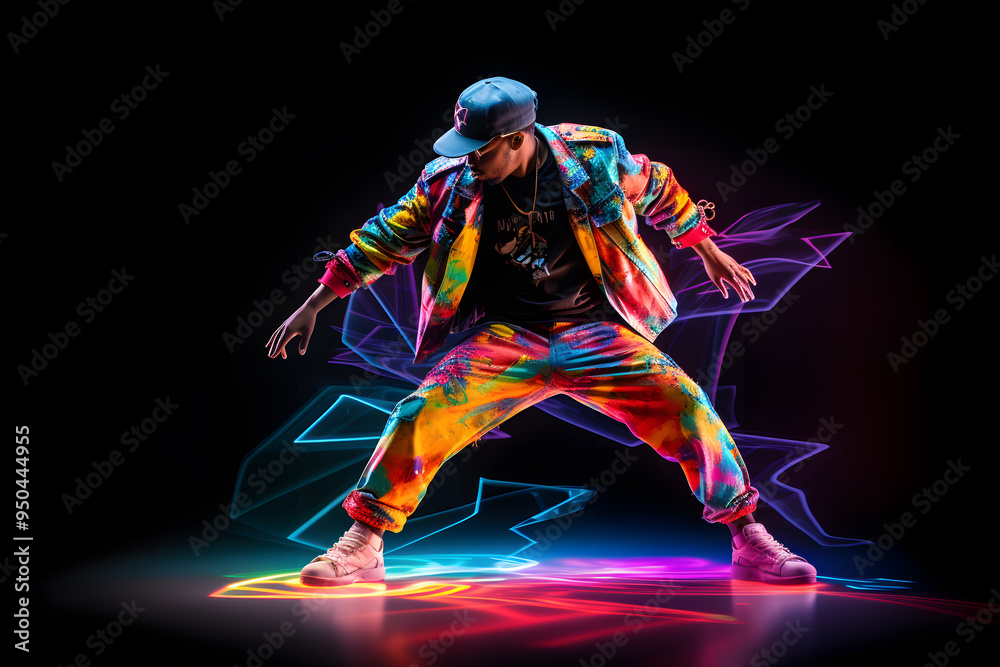 Man in bright clothes dancing hip-hop isolated on dark background in mixed neon light Man in bright clothes dancing hip-hop isolated on dark background in mixed neon light