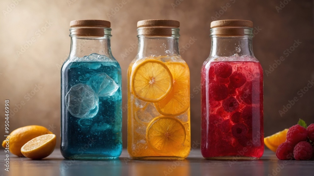 Refreshing splash of citrus and raspberry beverages in glass bottles. Refreshing splash of citrus and raspberry beverages in glass bottles.