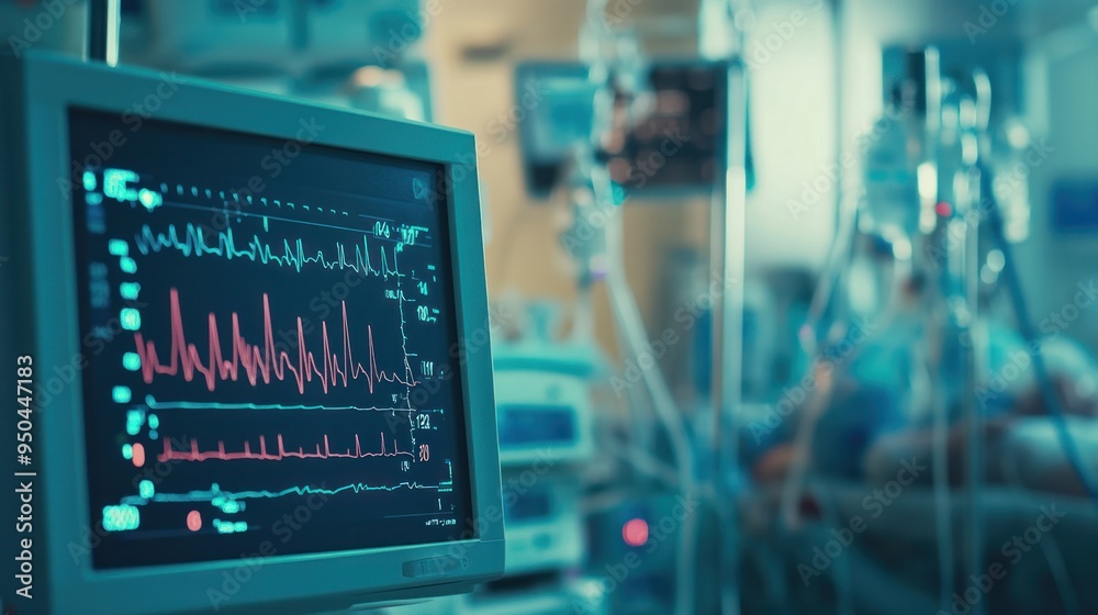 A close-up of an ECG monitor in a hospital operating room showing the fluctuating heart rate of a patient under anesthesia surrounded by advanced surgical equipment A close-up of an ECG monitor in a hospital operating room showing the fluctuating heart rate of a patient under anesthesia surrounded by advanced surgical equipment