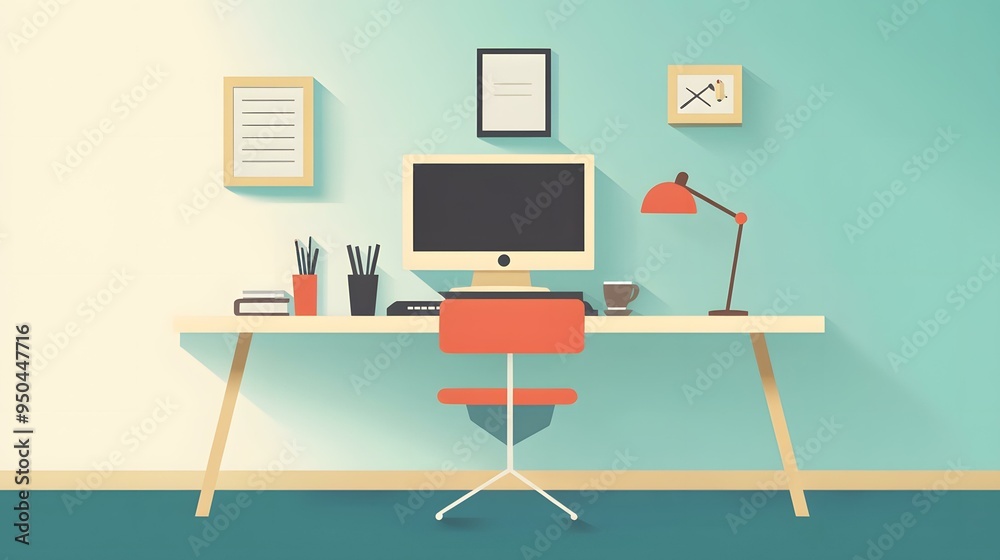 Modern Office Workspace with Computer and Chair Modern Office Workspace with Computer and Chair