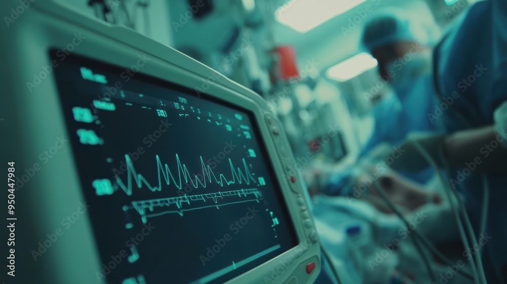 A close-up of an ECG monitor in a hospital operating room showing the fluctuating heart rate of a patient under anesthesia surrounded by advanced surgical equipment A close-up of an ECG monitor in a hospital operating room showing the fluctuating heart rate of a patient under anesthesia surrounded by advanced surgical equipment