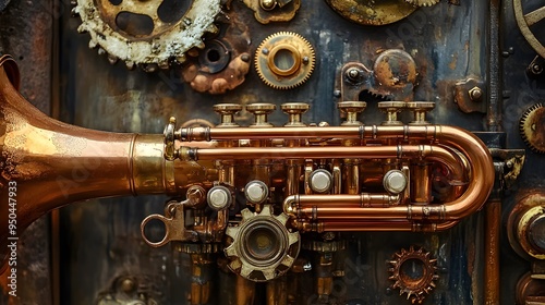 Brass instruments intricate machinery steampunk workshop gears vintage industrial copper tones