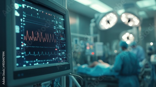 A close-up of an ECG monitor in a hospital operating room showing the fluctuating heart rate of a patient under anesthesia surrounded by advanced surgical equipment