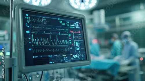 Wallpaper Mural A close-up of an ECG monitor in a hospital operating room showing the fluctuating heart rate of a patient under anesthesia surrounded by advanced surgical equipment Torontodigital.ca