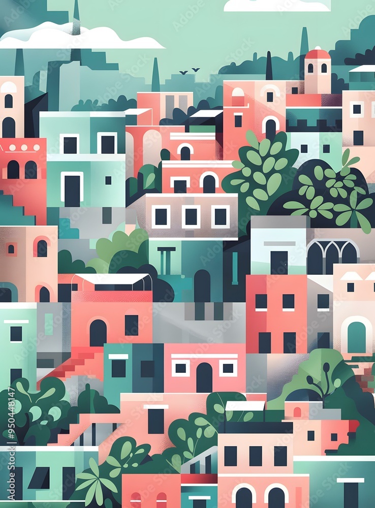 Colorful Illustration of Houses and Trees in a City