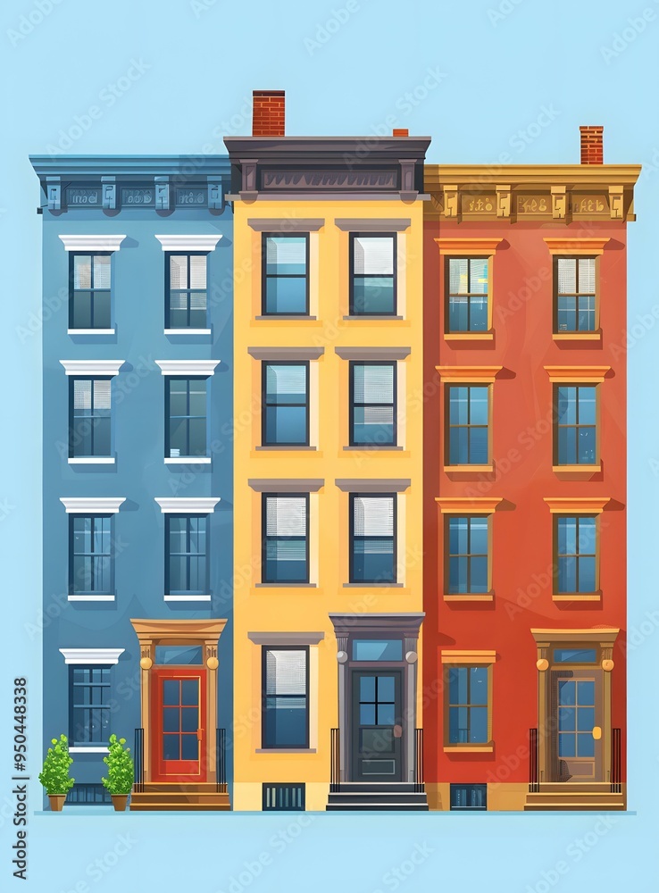 Naklejka premium Three Colorful Townhouses with Windows and Doors