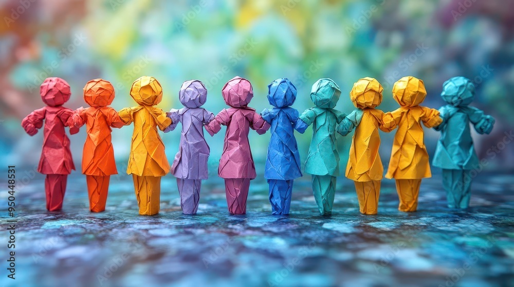 Obraz premium abstract illustration of diverse team linking arms vibrant colors symbolizing unity and inclusivity in modern workplace