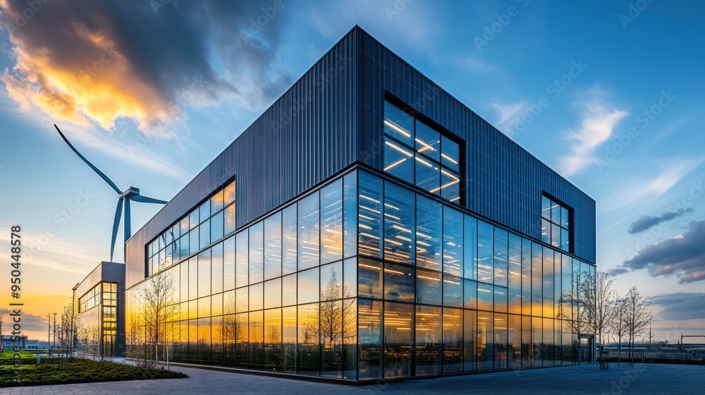 A modern industrial facility with towering glass walls where scientists are working on renewable energy solutions harnessing solar and wind power with innovative technologies A modern industrial facility with towering glass walls where scientists are working on renewable energy solutions harnessing solar and wind power with innovative technologies