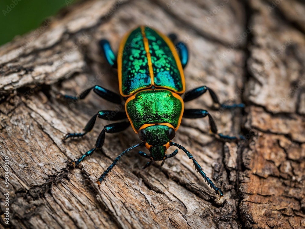 Emerald Ash Borer beetle on tree bark, vividly colored. Emerald Ash Borer beetle on tree bark, vividly colored.