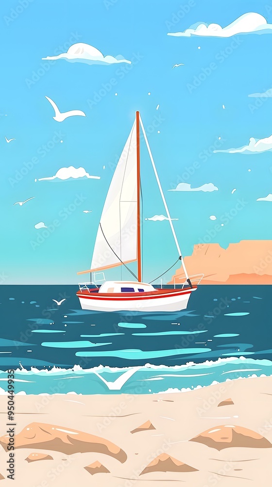 Naklejka premium Sailboat on the Beach with Clear Blue Sky