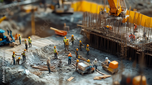 Construction Site with Workers and Machinery in Action - Building Foundation and Structural Framework photo