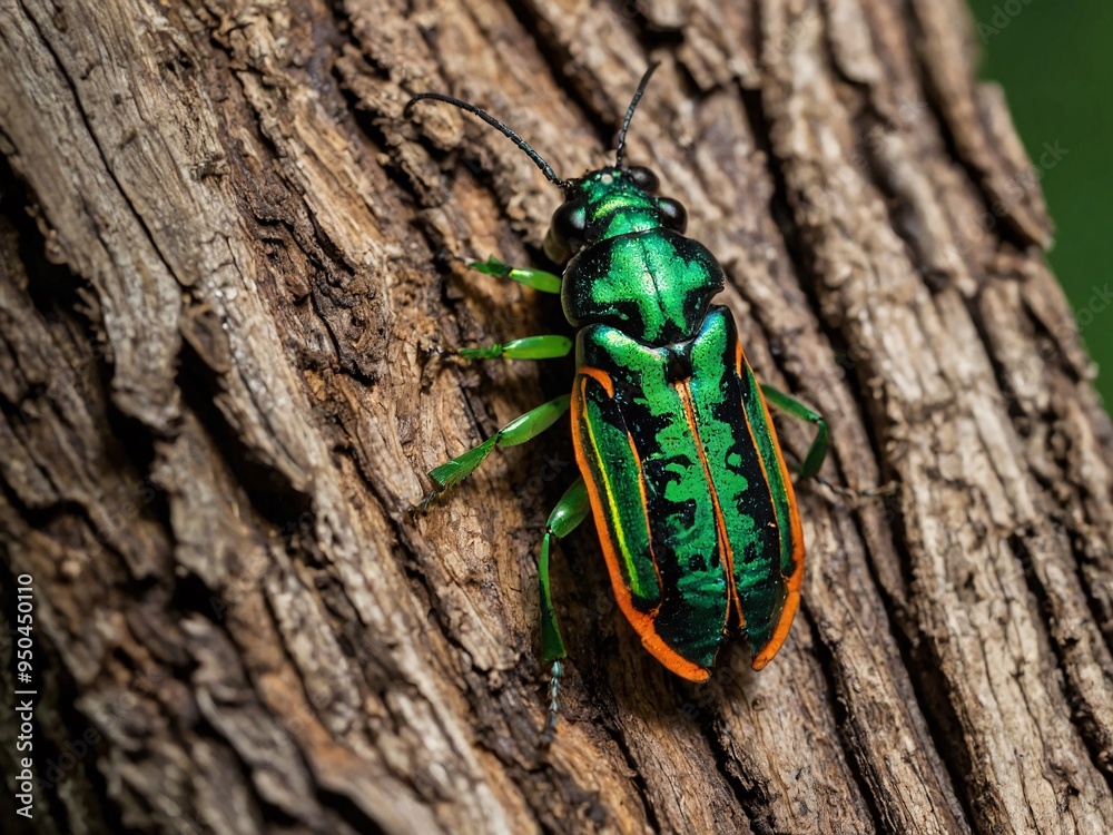 Emerald Ash Borer beetle on tree bark, vividly colored. Emerald Ash Borer beetle on tree bark, vividly colored.
