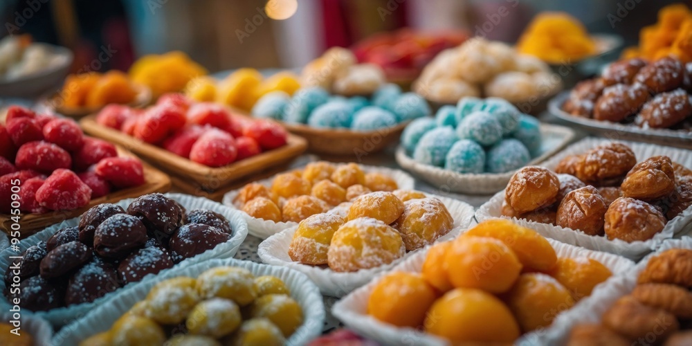 Assorted traditional Moroccan sweets and pastries display. Assorted traditional Moroccan sweets and pastries display.