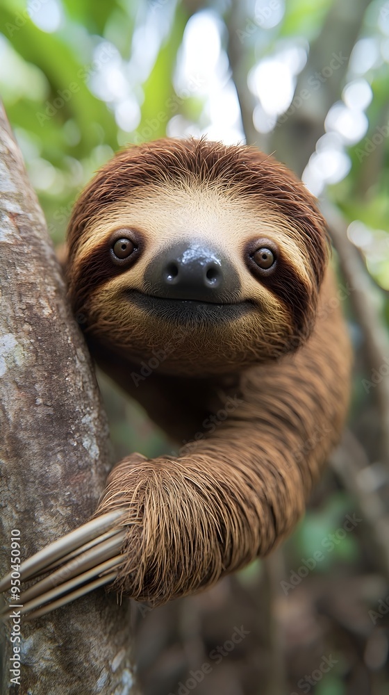 Fototapeta premium A close-up of a sloth hanging from a tree branch, its big brown eyes and cute smile peering out at the camera.