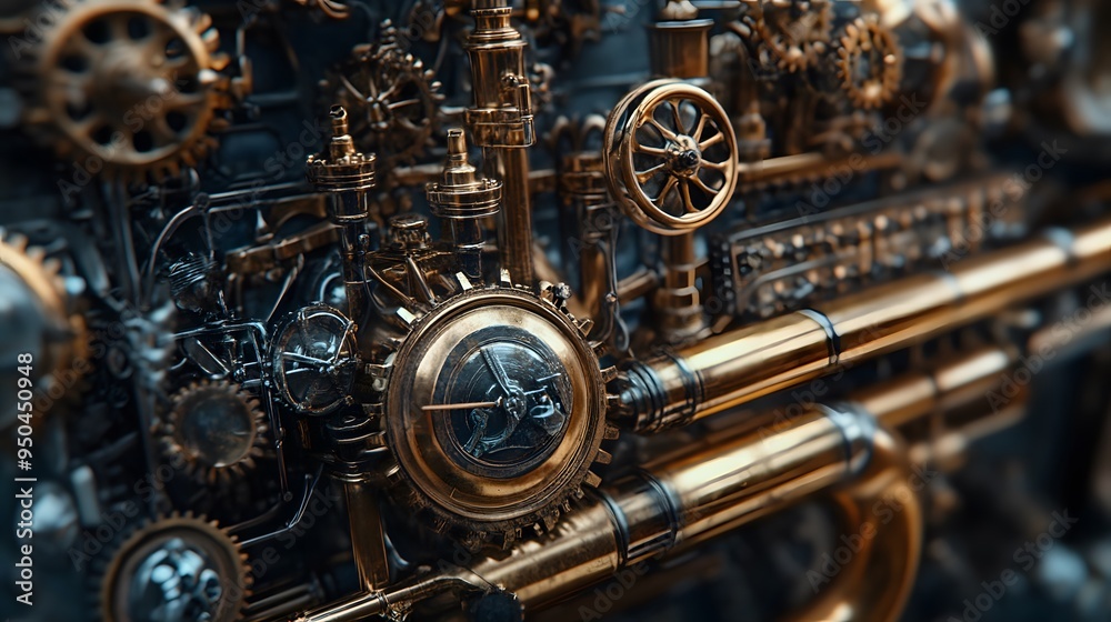 Fototapeta premium Steampunk workshop intricate machinery gears brass instruments vintage industrial brass tones