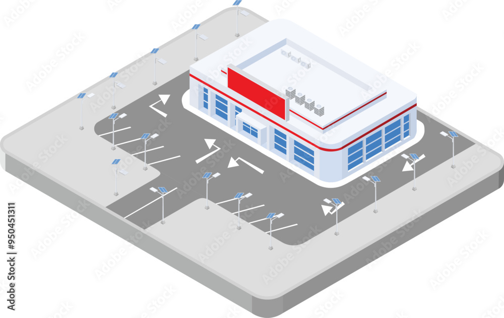 isometric scene of community shopping mall center building and parking lot isometric scene of community shopping mall center building and parking lot