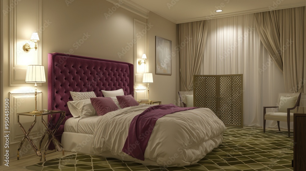 Simple but elegant bedroom with a magenta headboard, neutral walls, and an ornate screen. Simple but elegant bedroom with a magenta headboard, neutral walls, and an ornate screen.
