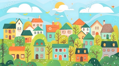Cute Colorful Cartoon Illustration of a Small Town Village