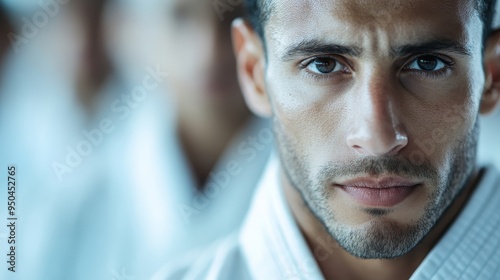 A close-up portrait of a young male martial artist is shown, emphasizing his focused and determined expression, wearing a traditional white gi in a training setting. photo