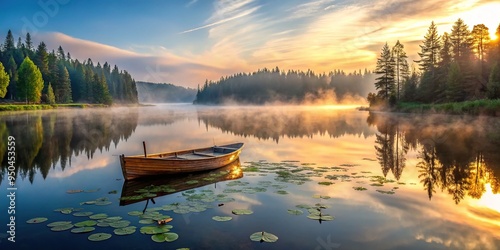 Serene misty dawn breaks over tranquil lake waters, reflecting majestic evergreen forest, with a lone wooden fishing boat and a few scattered lily pads in the distance. photo