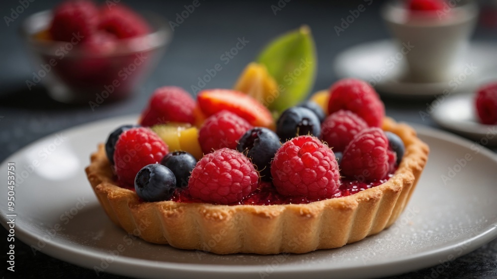 Raspberry tartlet pastry topped with fruits on plate. Raspberry tartlet pastry topped with fruits on plate.