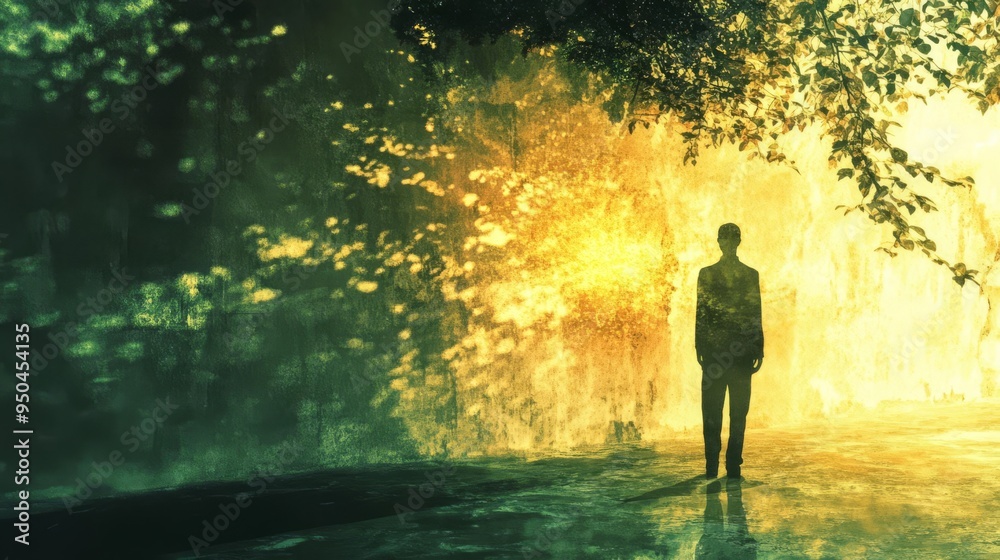 Man standing alone in mysterious forest with vibrant, magical lighting. Atmospheric scene evoking emotions of solitude and contemplation. Man standing alone in mysterious forest with vibrant, magical lighting. Atmospheric scene evoking emotions of solitude and contemplation.