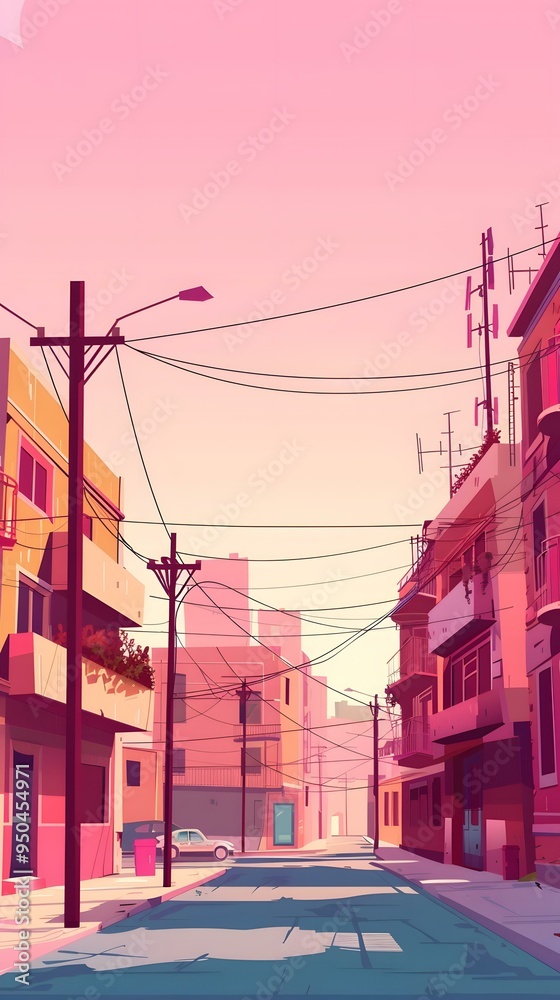 Fototapeta premium Empty Street with Houses in Pink Sky