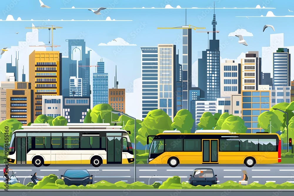 Obraz premium Cityscape with Buses and People Walking