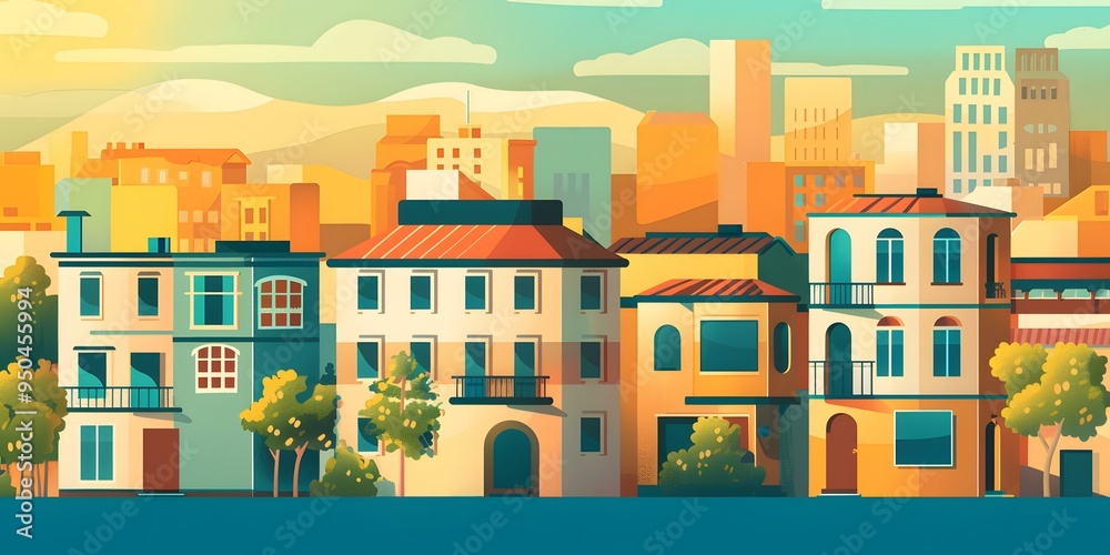 Colorful Cityscape Illustration With Buildings and Trees Colorful Cityscape Illustration With Buildings and Trees