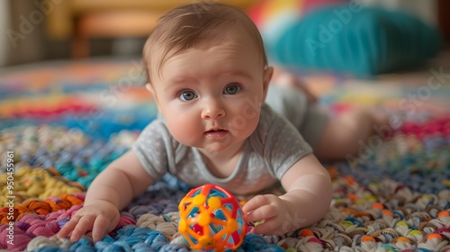 A baby is laying on a colorful rug with a toy in its hand - generative AI