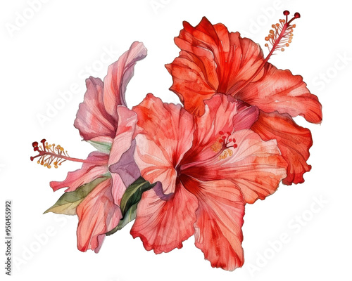 A vibrant watercolor illustration of hibiscus flowers in shades of red and pink.