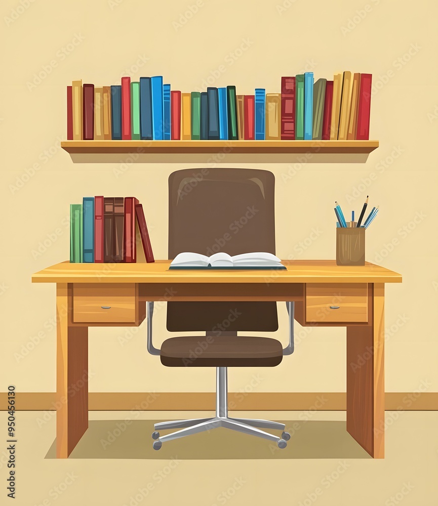 Cartoon Illustration of a Wooden Desk with Bookshelf Cartoon Illustration of a Wooden Desk with Bookshelf