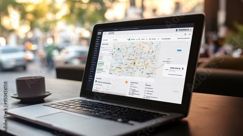 Laptop displaying a map on a cafe table