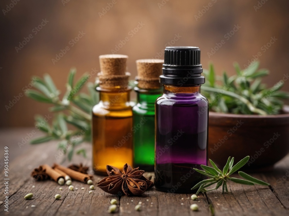 Bottles of essential oils with spices on rustic table. Bottles of essential oils with spices on rustic table.