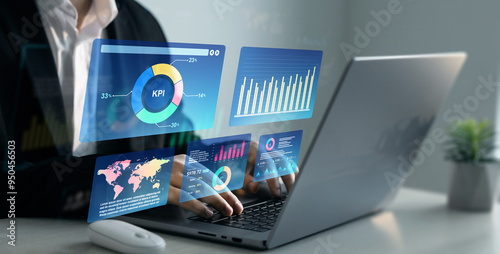 Businessman using KPI dashboard.Financial business data analytics graph dashboard. Management data System KPI connected in database for follow earnings,operations and sales data.