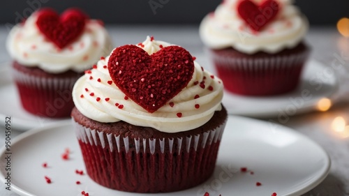 Red Velvet cupcakes with heart shaped sprinkle decoration on frosting.