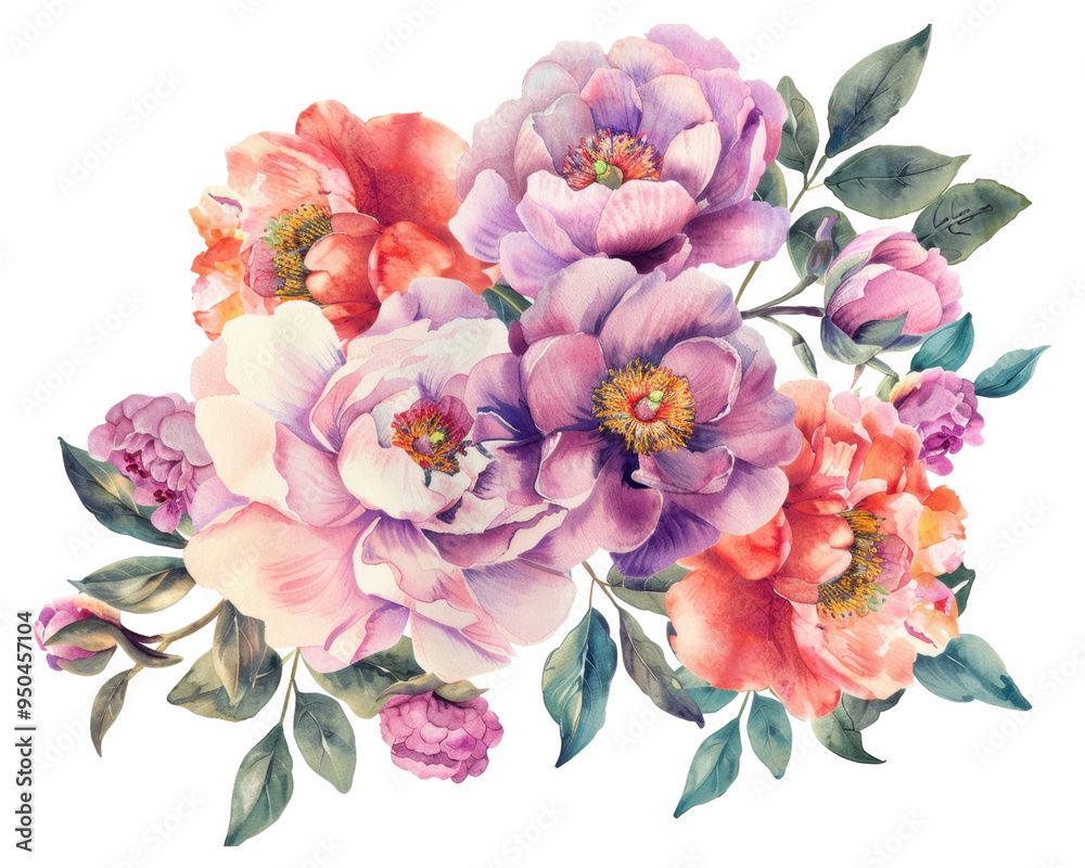 A vibrant bouquet of peonies and leaves, showcasing floral beauty and elegance. A vibrant bouquet of peonies and leaves, showcasing floral beauty and elegance.