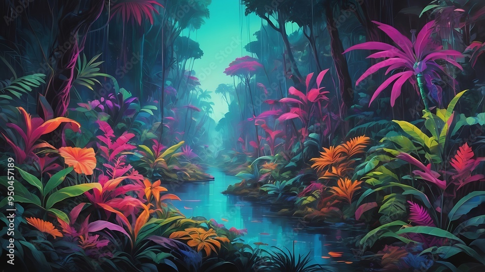Obraz premium mesmerizingly surreal manner, an acrylic painting of a jungle