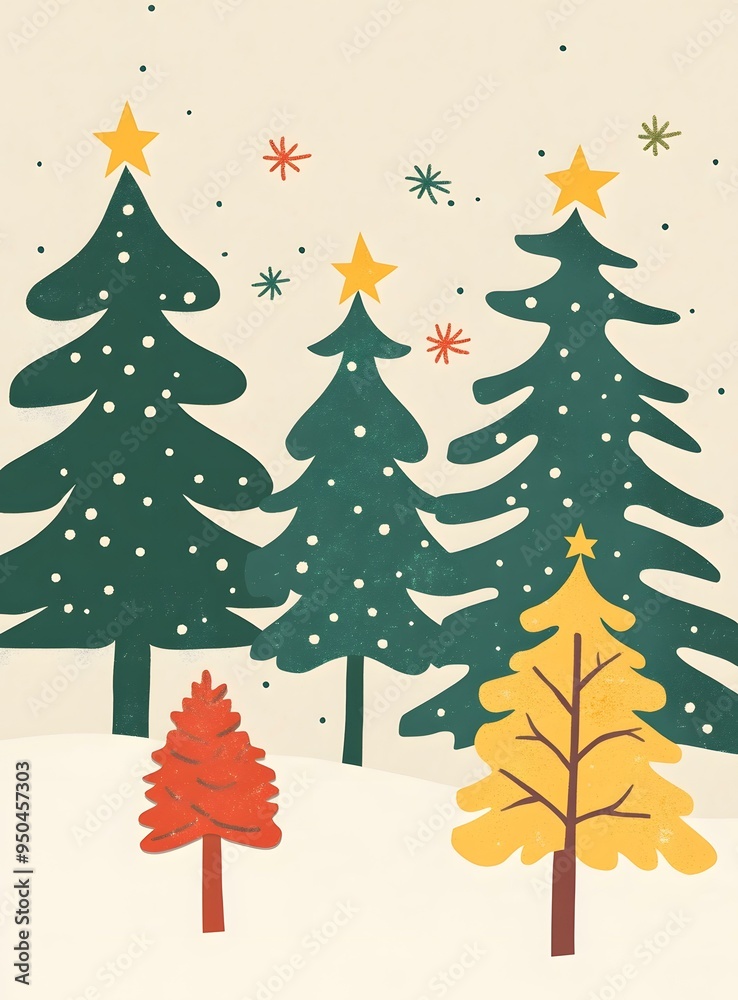 Christmas Tree Illustration With Yellow Stars Christmas Tree Illustration With Yellow Stars